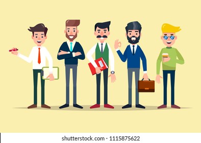 Businessmen characters team in a front view isolated on the yellow background. Flat design vector illustration in a cartoon style.