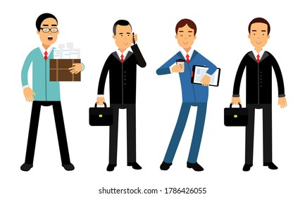 Businessmen Characters Wearing Formal Suits Carrying Folder and Suitcase Vector Illustration Set