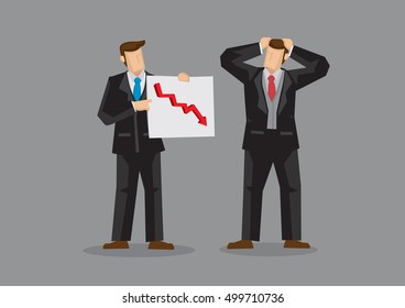 Businessmen with chart showing downward trend feeling stressed about declining business. Cartoon vector illustration on poor business performance concept isolated on grey background.