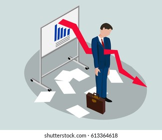 Businessmen with chart showing downward trend feeling stressed about declining business. 3D Isometric cartoon vector illustration on poor business performance concept .