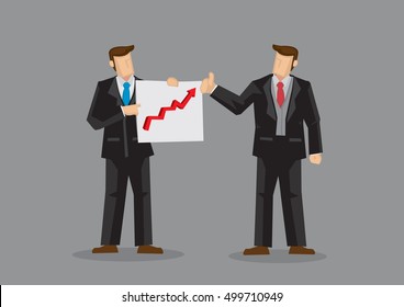 Businessmen with chart showing up trend feeling good about business growing. Cartoon vector illustration on good business performance concept isolated on grey background.