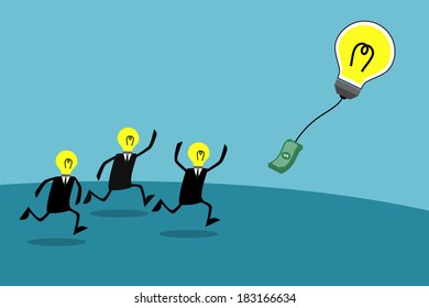 Businessmen chasing a bulb balloon with money, Business idea
