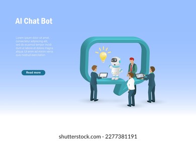 Businessmen chatting with AI chat bot and get smart business solution idea. Artificial Intelligence robot assist users in decision making and problem solving. 3D vector.