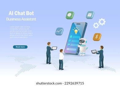 Businessmen chatting with AI chat bot and get smart business solution idea. Artificial Intelligence robot assist users in decision making and problem solving. 3D vector.