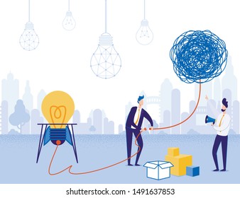 Businessmen Check Solution or Idea Startup for Operability. Cartoon Ropes Skein with Outlet at End. Flat Glowing Rocket Light Bulb with Power Plug. Man and Advisor Connect Wires. Vector Illustration