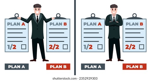 businessmen choose business plan, strategy. landings with buttons for choosing a plan. vector flat cartoon characters, landing