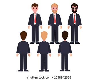 Businessmen in classic suits and red ties with blond and dark hair with stylish and thick beards sunglasses cartoon characters vector illustrations.