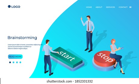 Businessmen click the start button.The concept of launching a new project, brainstorming and launching a new startup.Isometric vector illustration.The template of the landing page.