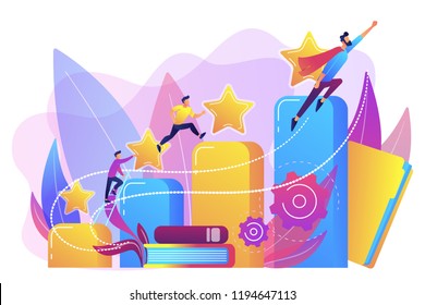 Businessmen climb growth column graph. Career and personality development, careerbuilder, career planning progress concept on white background. Bright vibrant violet vector isolated illustration