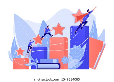 Businessmen climb growth column graph. Career and personality development, careerbuilder, career planning progress concept on white background. Pink coral blue vector isolated illustration