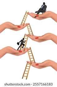 Businessmen climbing career ladders supported by giant female hands, symbolizing career growth, support, and opportunity