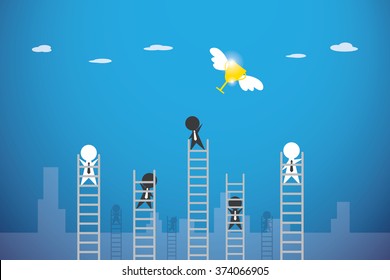 businessmen climbing ladder to get trophy cup, competition and business concept