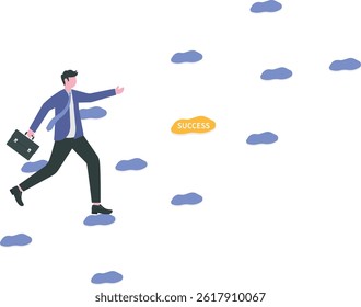 Businessmen are climbing up a mountain with a rope to forward success. .

