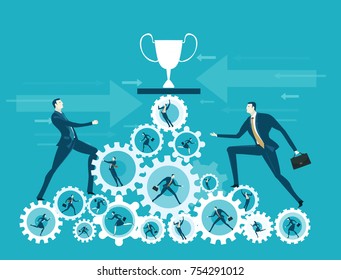 Businessmen climbing towards a trophy on top of a pile of cogs and gears, rotated by working people. 