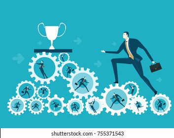 Businessmen climbing towards a trophy on top of a pile of cogs and gears, rotated by working people. 