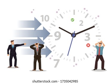Geschäftsleute mit Uhr Gesicht, Zahlen und Pfeilen. Geschäftsziel und Arbeitszeitmanagement. Flache Zeichenkartoon Zeichen Vektor-Illustration isoliert auf weißem Hintergrund.