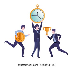 businessmen with clock and set icons