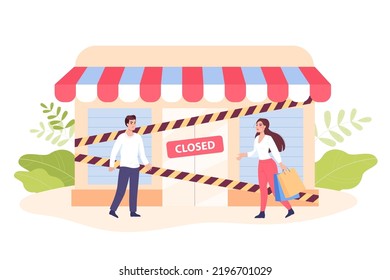 Businessmen closing store due to bankruptcy. Small business hitting by pandemic, corona or coronavirus flat vector illustration. Failure, economy, retail, commerce, economic crisis concept