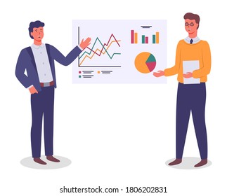 Businessmen, colleagues analysing graphs, diagram, chart on white board. Cartoon characters presenting financial plan. Workers presenting graphical analysis. Executive businessperson with presentation