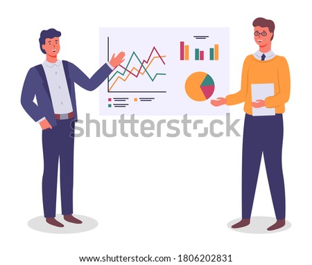 Businessmen, colleagues analysing graphs, diagram, chart on white board. Cartoon characters presenting financial plan. Workers presenting graphical analysis. Executive businessperson with presentation