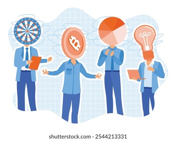 Empresarios y colegas desarrollan ideas para alcanzar objetivos de negocio. Analizando el mercado de valores en el portátil. Concepto de mercado de valores. Ilustración vectorial plana.