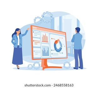 Businessmen and colleagues are holding a presentation. Analyze marketing graphs and charts. Market Research concept. Flat vector illustration.