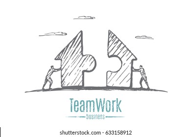 Businessmen collect puzzles. Puzzles have the shape of a home. Vector concept illustration. Hand drawn sketch. Lettering teamwork, business.