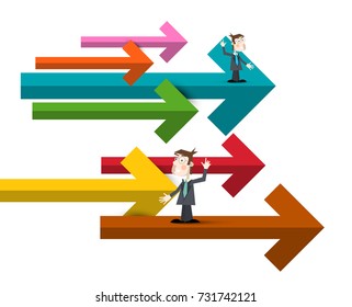 Businessmen with Colorful Paper Arrows. Vector Illustration of Men in Suits.