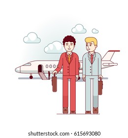 Businessmen coming from the private plane discussing upcoming negotiations. Business metaphor of highest level management. Modern flat style thin line vector illustration isolated on white background.