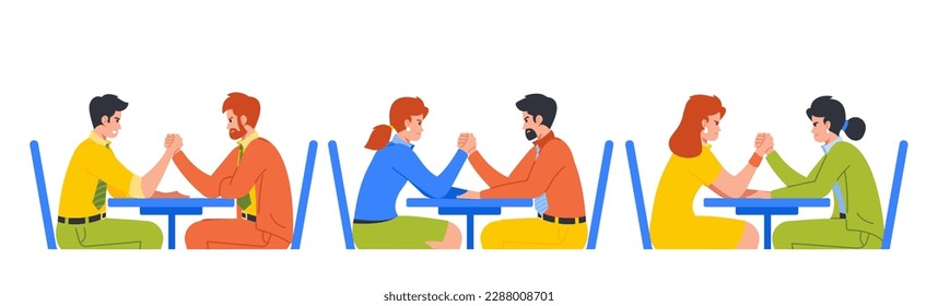 Businessmen Competing In An Arm-wrestling Match. The Intense And Competitive Image Can Be Used To Promote Rivalry