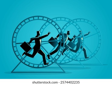 Businessmen competing in hamster wheels, symbolizing the endless cycle of the corporate rat race