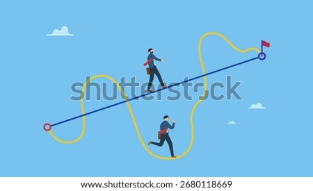 Businessmen competing with smart guy running on straight easy way and other on hard messy path. Easy or shortcut way to win business success or hard path and obstacle.