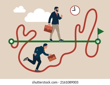 Businessmen competing with smart manager running on straight easy way and other on hard messy path.Easy or shortcut way to win business success or hard path and obstacle concept.