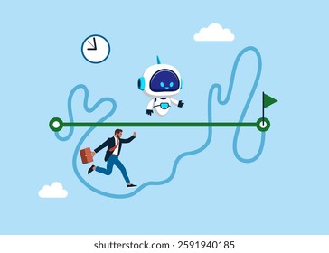 Businessmen competing with smart robot running on straight easy way and other on hard messy path.Easy or shortcut way to win business success or hard path and obstacle.
