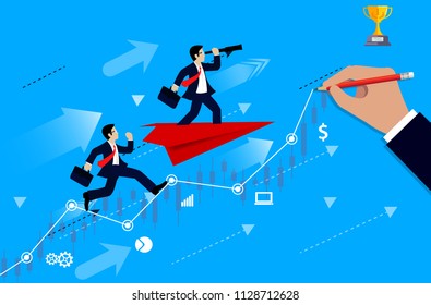 Businessmen competition. on chart graph line to goal to achieve success drawing on blue background. go to target growth. leadership. Modern idea. creativity. business concept. Vector Illustration