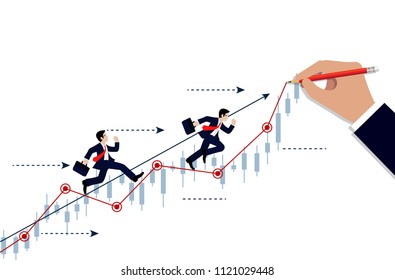 Businessmen competition. run on chart graph line to goal to achieve success drawing on white background. go to target growth. leadership. Modern idea. creativity. business concept. Vector Illustration