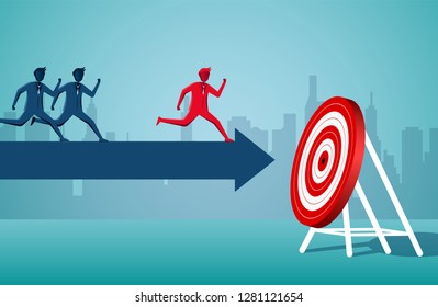 Businessmen are competition running against each other on the arrow to the red circle target. business finance success. leadership. startup. illustration cartoon vector