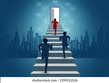 Businessmen are competition running up the stair to the door. business finance success concept. creative idea. leadership concept. icon. startup. illustration cartoon vector