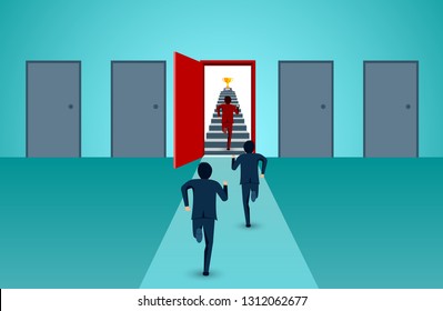 Businessmen are competition running up the stair to the door color red go to success goal. business finance concept. creative idea. leadership concept. startup. illustration cartoon vector