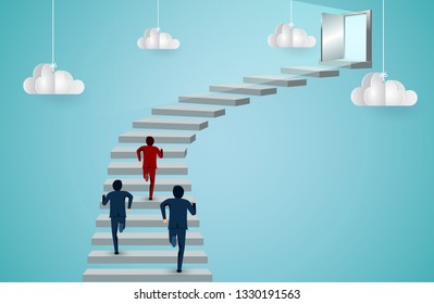 Businessmen are competition running up the stair to the door. go to success goal. business finance concept. creative idea. leadership concept. startup. illustration cartoon vector