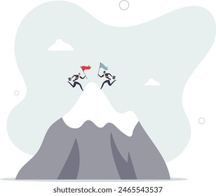 businessmen competitor climb up mountain to put winning flag at the mountain peak.flat vector illustration.