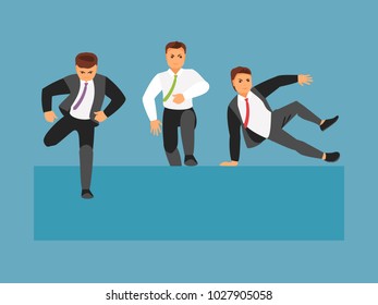 Businessmen competitors jumping over an obstacle. Vector illustration