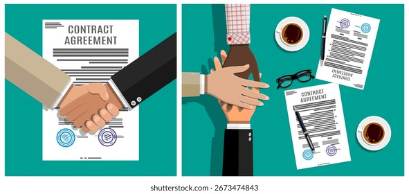 Businessmen complete partnership with handshake over contract agreement. Collaboration and team building for project management and deal.