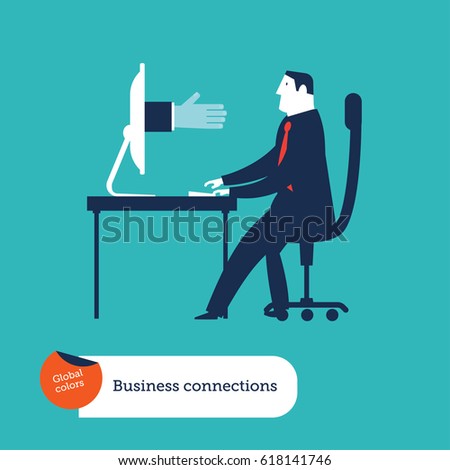 Businessmen with computer with a businessman's hand going out from his computer