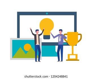 businessmen computer idea trophy success