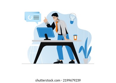 Businessmen concept with people scene in the flat cartoon design. Man solves difficult tasks in his office to become successful businessmen. Vector illustration.