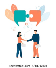 Businessmen conclude a contract, deal, contract. Business and business people. Vector illustration in flat style. White background. Concept. Dialogue, speech bubbles, thoughts puzzle