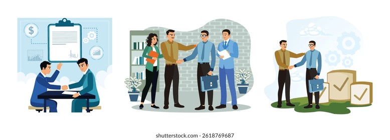Businessmen in conference room. Group of workers shaking hands to make a deal. Symbolizes successful collaboration and teamwork. Set flat vector illustration.
