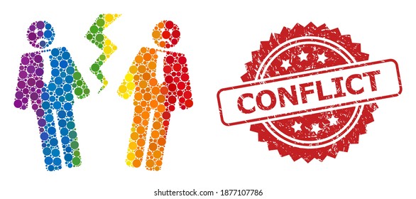 Businessmen conflict collage icon of circle elements in different sizes and LGBT colorful color tints, and Conflict unclean rosette stamp seal. A dotted LGBT-colored Businessmen conflict for lesbians,