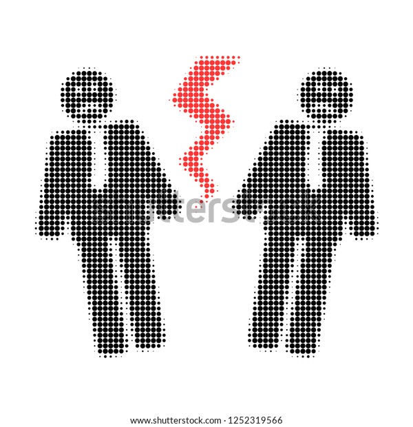 Businessmen conflict halftone dotted\
icon. Halftone array contains round elements. Vector illustration\
of businessmen conflict icon on a white\
background.